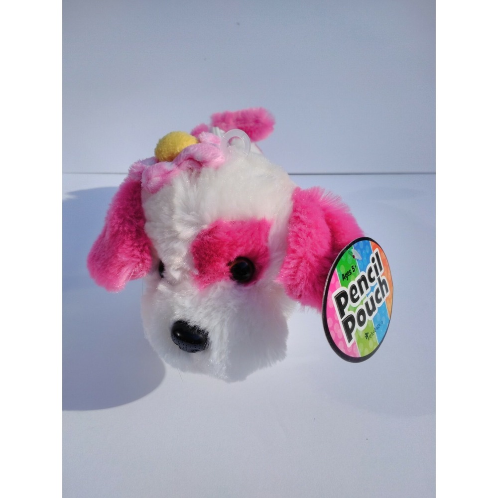 Inkology Pencil Pouch White Pink Spot Flower Puppy Dog Plush Zippered 11" New